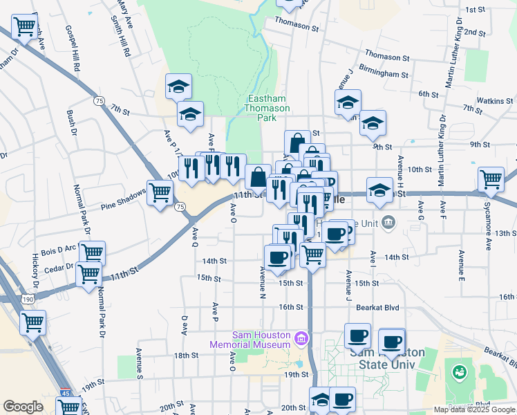 map of restaurants, bars, coffee shops, grocery stores, and more near 1110 Avenue North in Huntsville