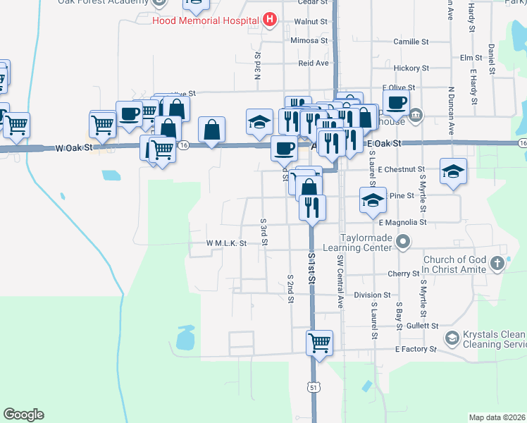 map of restaurants, bars, coffee shops, grocery stores, and more near 309 South 3rd Street in Amite City
