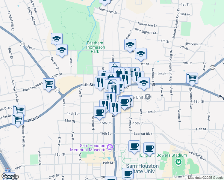 map of restaurants, bars, coffee shops, grocery stores, and more near 1120 Sam Houston Avenue in Huntsville