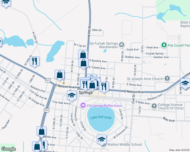 map of restaurants, bars, coffee shops, grocery stores, and more near 132 North 8th Street in DeFuniak Springs