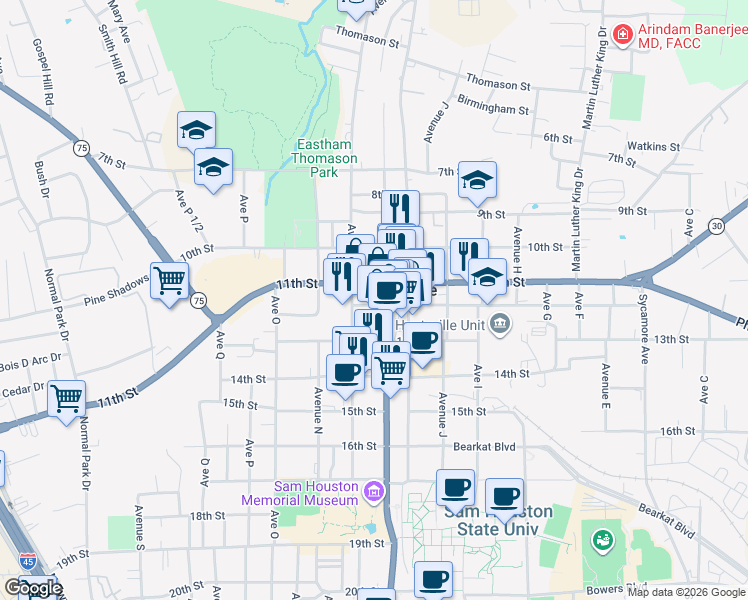 map of restaurants, bars, coffee shops, grocery stores, and more near 1214 12th Street in Huntsville