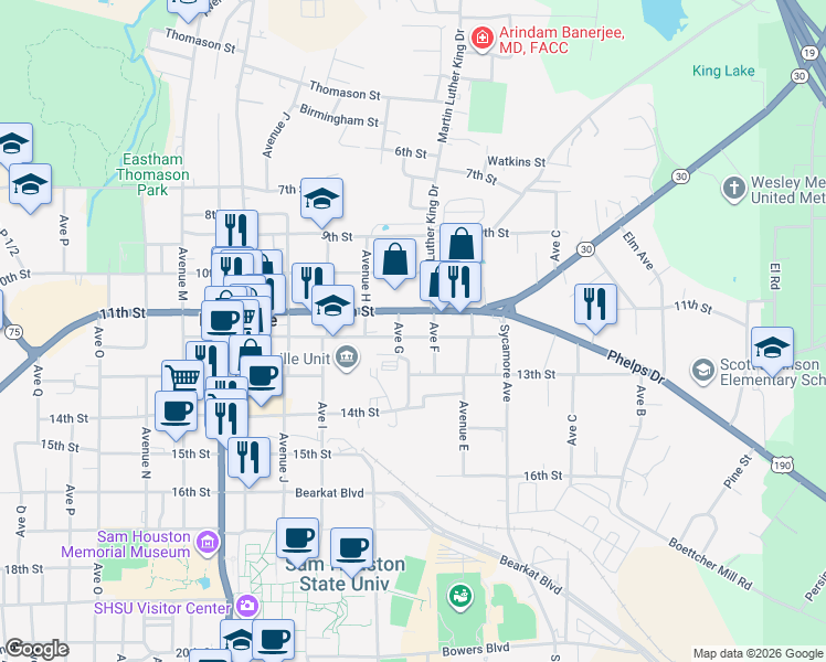 map of restaurants, bars, coffee shops, grocery stores, and more near 618 12th Street in Huntsville