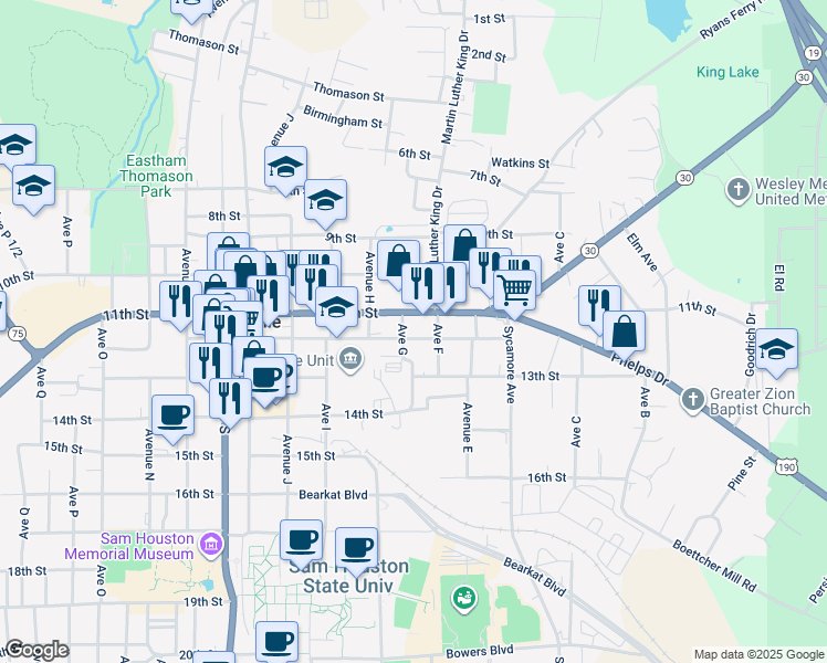 map of restaurants, bars, coffee shops, grocery stores, and more near 618 12th Street in Huntsville