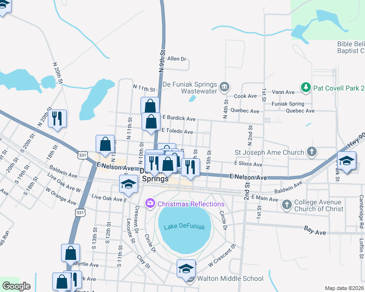 map of restaurants, bars, coffee shops, grocery stores, and more near 132 North 8th Street in DeFuniak Springs