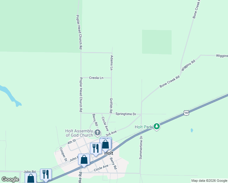 map of restaurants, bars, coffee shops, grocery stores, and more near 4773 Griffith Road in Holt