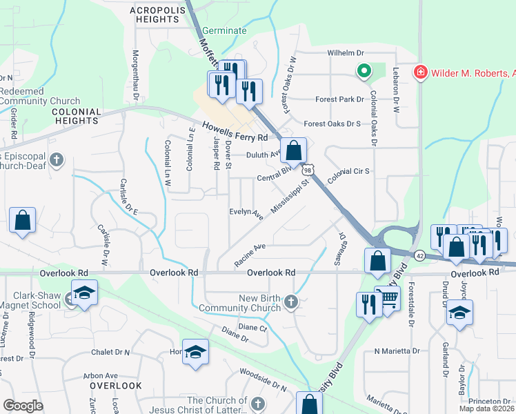 map of restaurants, bars, coffee shops, grocery stores, and more near 5550-5598 Evelyn Ave in Mobile