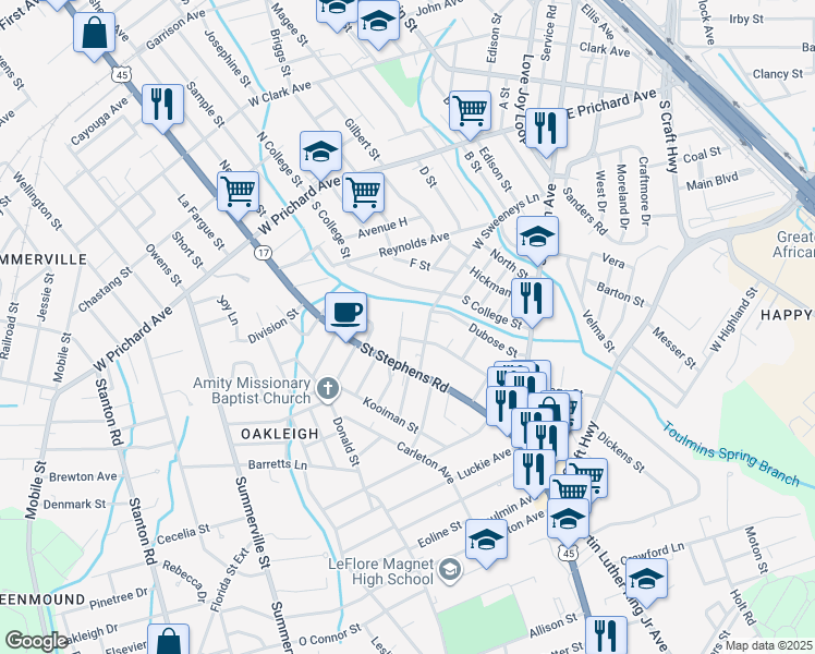 map of restaurants, bars, coffee shops, grocery stores, and more near 604 McDonough Street in Mobile