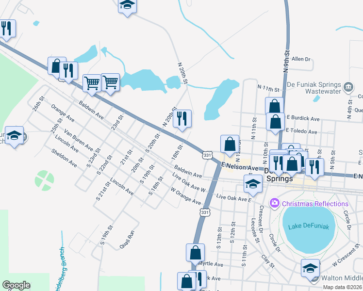 map of restaurants, bars, coffee shops, grocery stores, and more near 18th Street in DeFuniak Springs