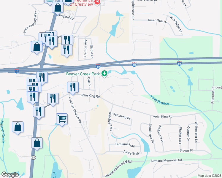 map of restaurants, bars, coffee shops, grocery stores, and more near 102 Hollow Cove in Crestview