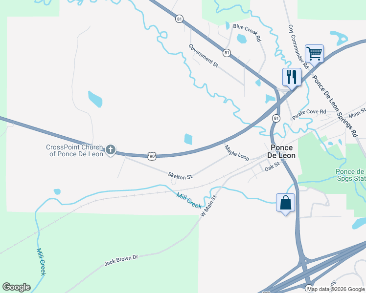 map of restaurants, bars, coffee shops, grocery stores, and more near 1519 Highway 90 in Ponce de Leon