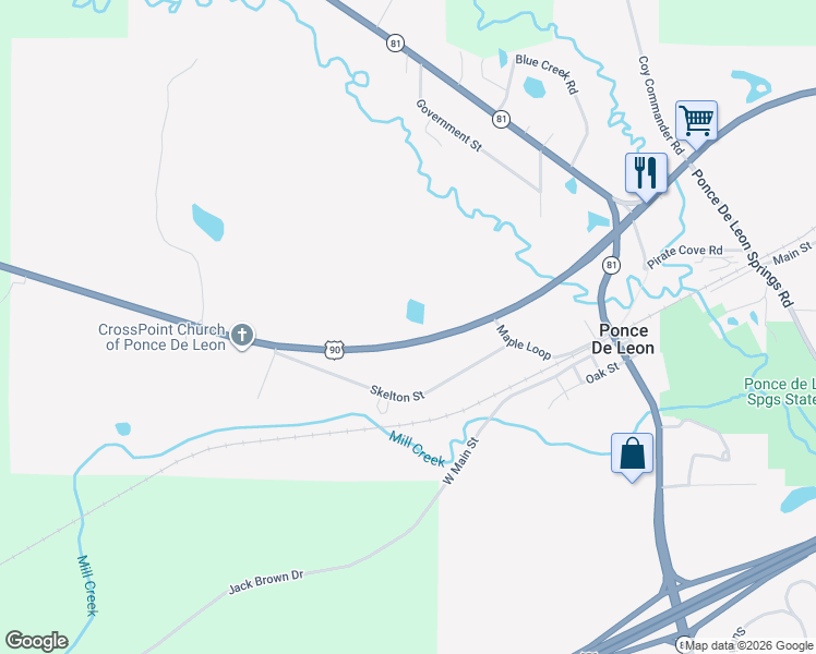 map of restaurants, bars, coffee shops, grocery stores, and more near 1519 U.S. 90 in Ponce de Leon