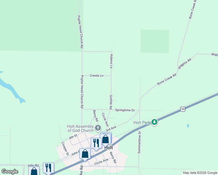 map of restaurants, bars, coffee shops, grocery stores, and more near 4773 Griffith Road in Holt