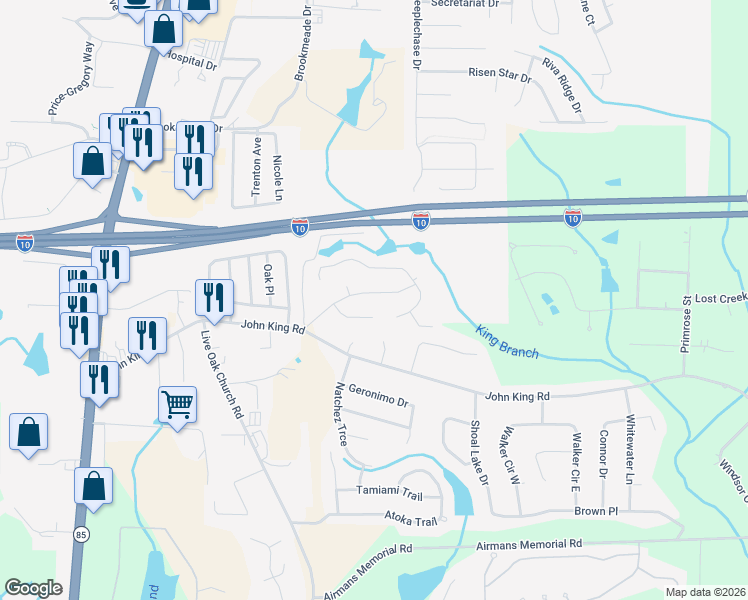 map of restaurants, bars, coffee shops, grocery stores, and more near 114 Hollow Cove in Crestview