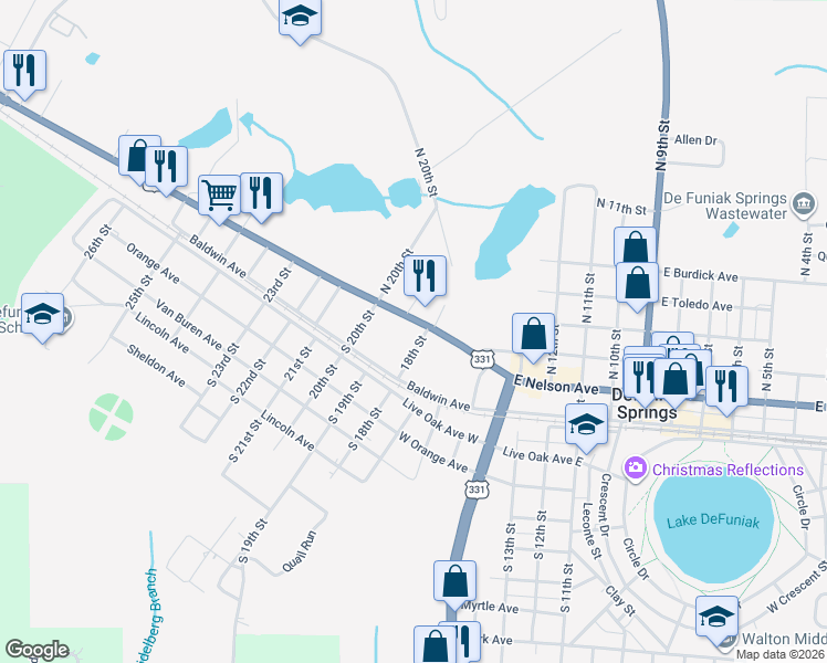 map of restaurants, bars, coffee shops, grocery stores, and more near 18th Street in DeFuniak Springs