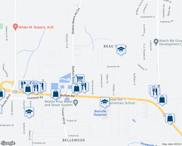 map of restaurants, bars, coffee shops, grocery stores, and more near 1631 Northview Drive in Mobile