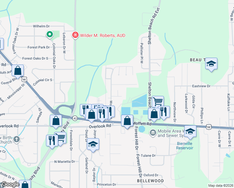 map of restaurants, bars, coffee shops, grocery stores, and more near 4912 Mercedes Road in Mobile
