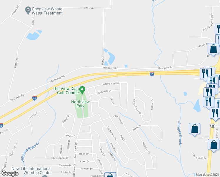 map of restaurants, bars, coffee shops, grocery stores, and more near 1233 Gabrielle Drive in Crestview