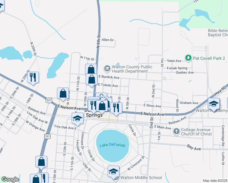 map of restaurants, bars, coffee shops, grocery stores, and more near 156 North 7th Street in DeFuniak Springs