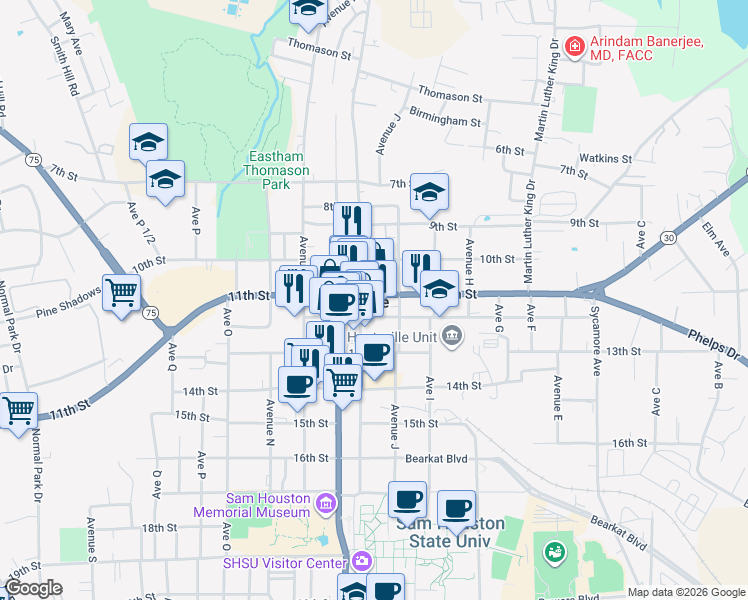 map of restaurants, bars, coffee shops, grocery stores, and more near 1032 12th Street in Huntsville