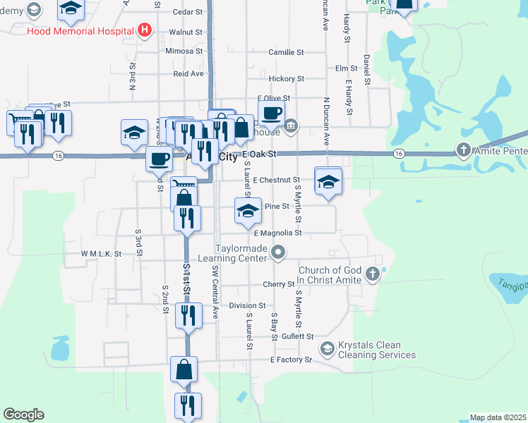 map of restaurants, bars, coffee shops, grocery stores, and more near 209 East Magnolia Street in Amite City
