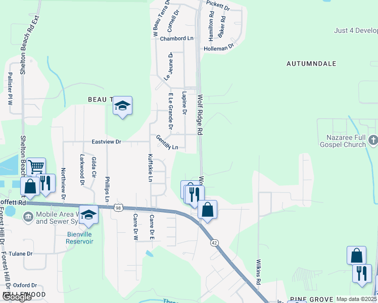 map of restaurants, bars, coffee shops, grocery stores, and more near 1658 La Pine Dr in Mobile