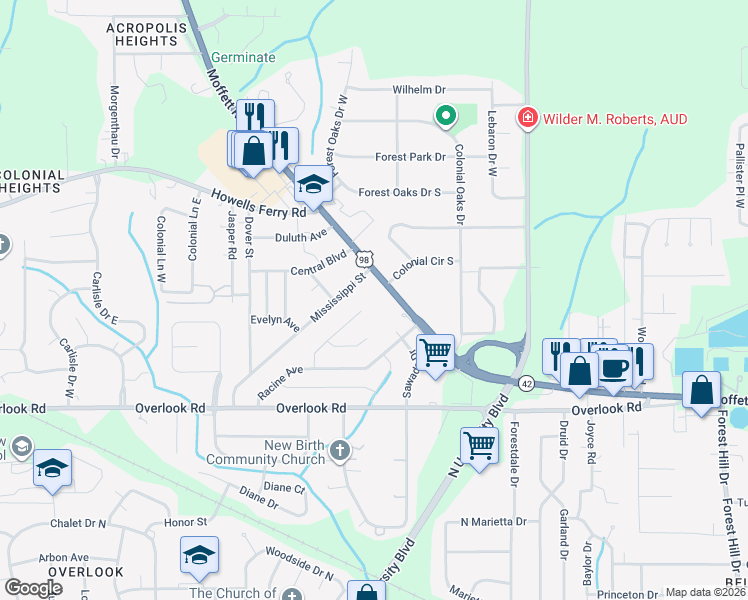 map of restaurants, bars, coffee shops, grocery stores, and more near 1600 Mcintyre Drive in Mobile