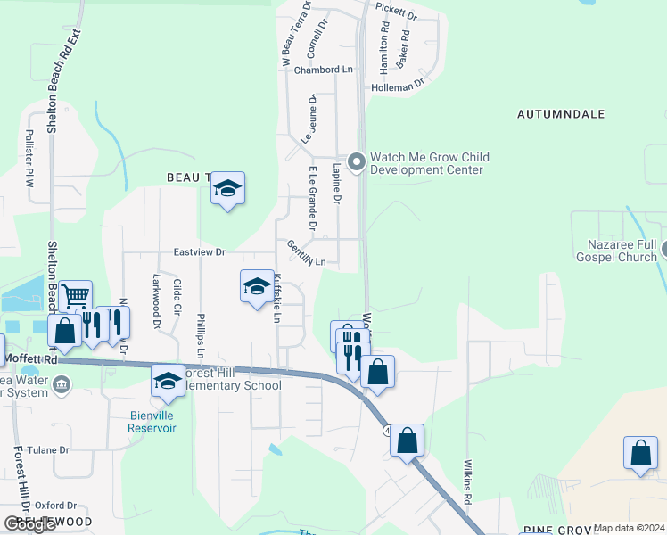 map of restaurants, bars, coffee shops, grocery stores, and more near 4151 Gentilly Lane in Mobile