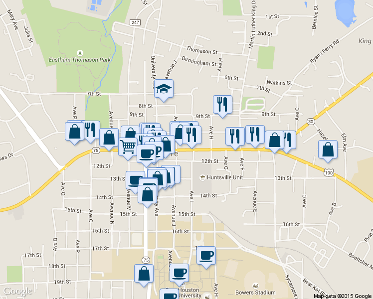 map of restaurants, bars, coffee shops, grocery stores, and more near 940 11th Street in Huntsville