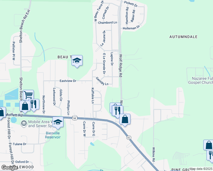 map of restaurants, bars, coffee shops, grocery stores, and more near 4159 Gentilly Lane in Mobile