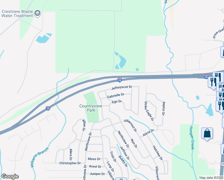 map of restaurants, bars, coffee shops, grocery stores, and more near 1236 Jefferyscot Drive in Crestview