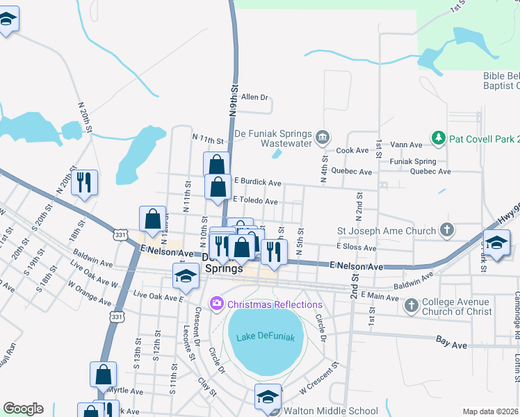 map of restaurants, bars, coffee shops, grocery stores, and more near 185 North 7th Street in DeFuniak Springs