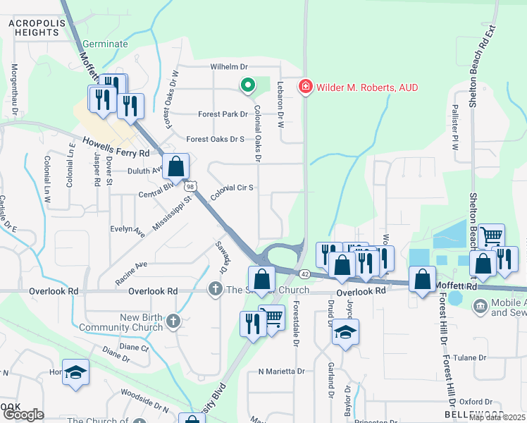 map of restaurants, bars, coffee shops, grocery stores, and more near 1700 Colonial Oaks Drive in Mobile