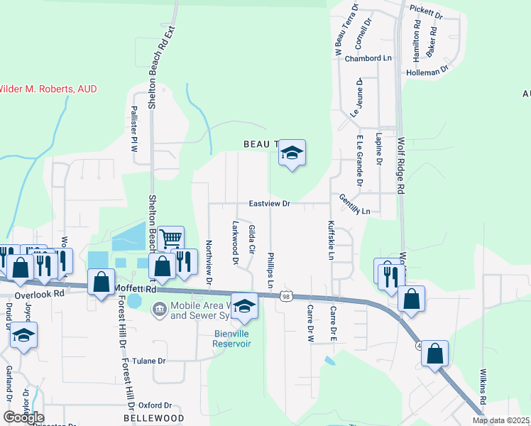 map of restaurants, bars, coffee shops, grocery stores, and more near 1701 Phillips Lane in Mobile