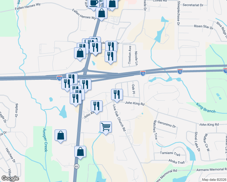 map of restaurants, bars, coffee shops, grocery stores, and more near 117 Oak Terrace Drive in Crestview