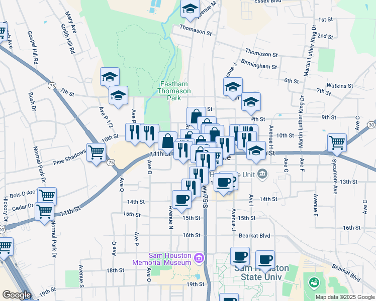 map of restaurants, bars, coffee shops, grocery stores, and more near 1300 11th Street in Huntsville