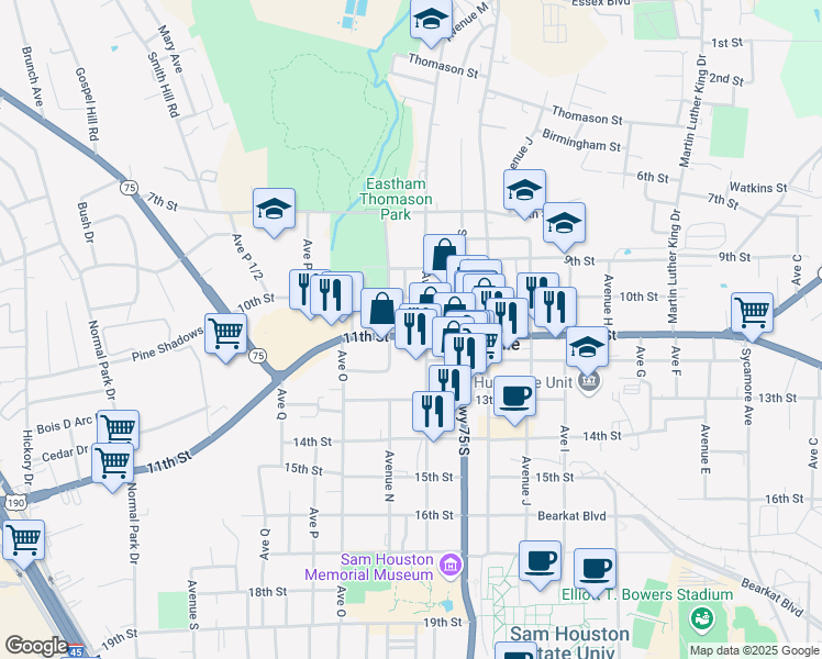 map of restaurants, bars, coffee shops, grocery stores, and more near 1300 11th Street in Huntsville