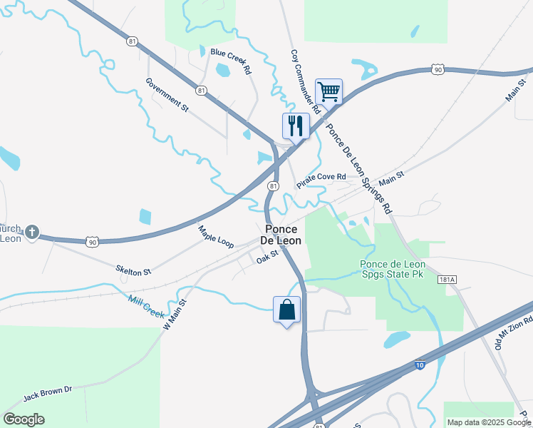map of restaurants, bars, coffee shops, grocery stores, and more near Florida 81 in Ponce de Leon