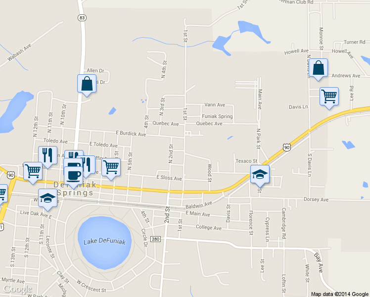 map of restaurants, bars, coffee shops, grocery stores, and more near 225 1st Street in DeFuniak Springs