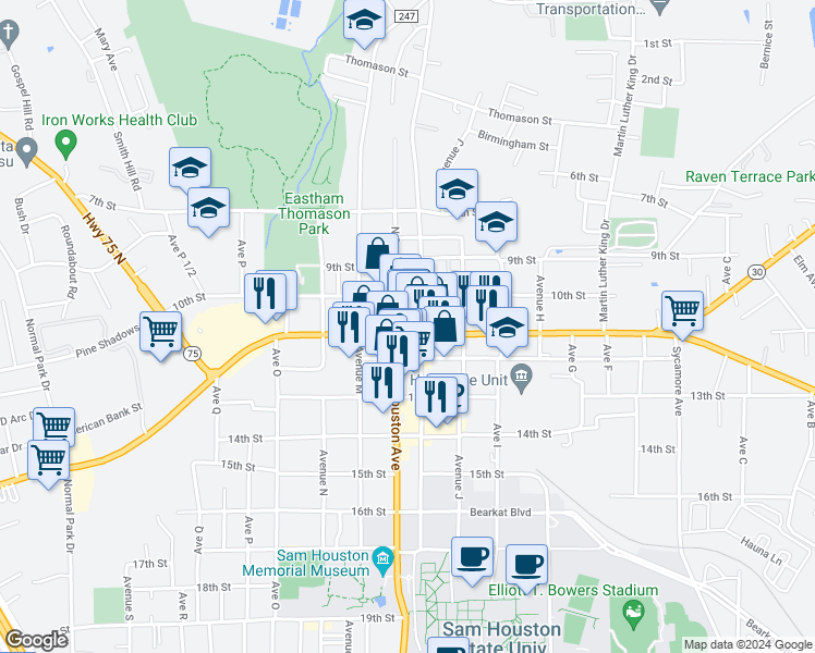 map of restaurants, bars, coffee shops, grocery stores, and more near 1112 11th Street in Huntsville