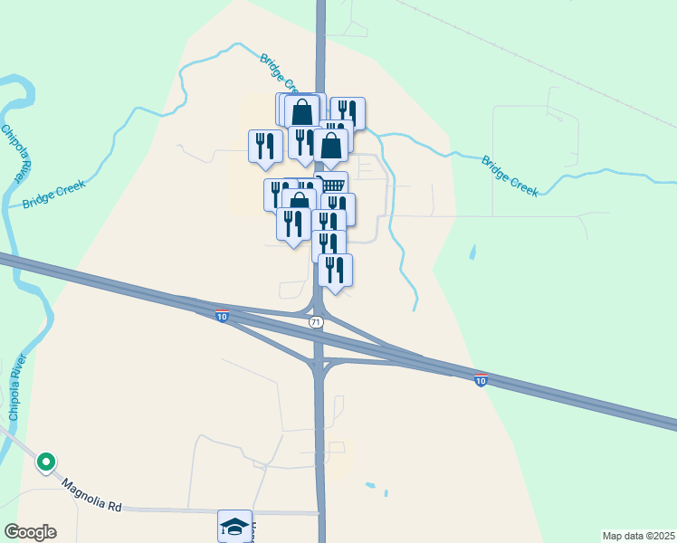 map of restaurants, bars, coffee shops, grocery stores, and more near 2180 Post Oak Lane in Marianna