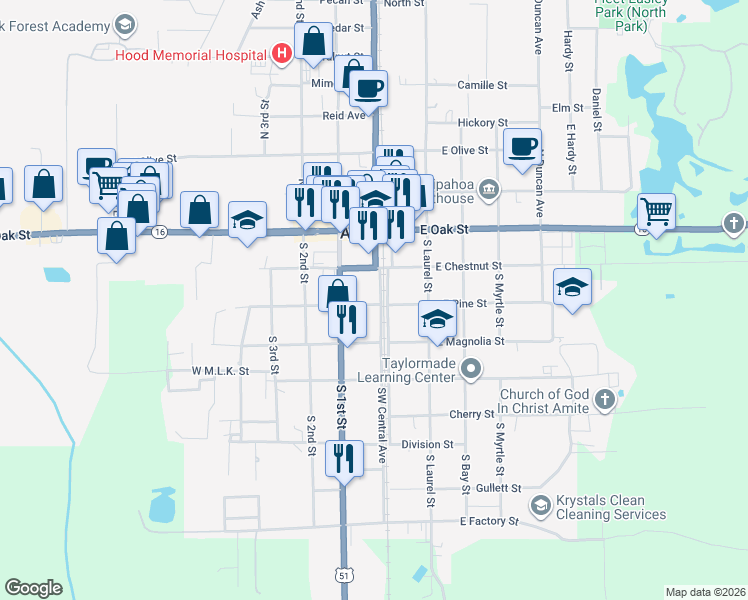 map of restaurants, bars, coffee shops, grocery stores, and more near 100 East Chestnut Street in Amite City