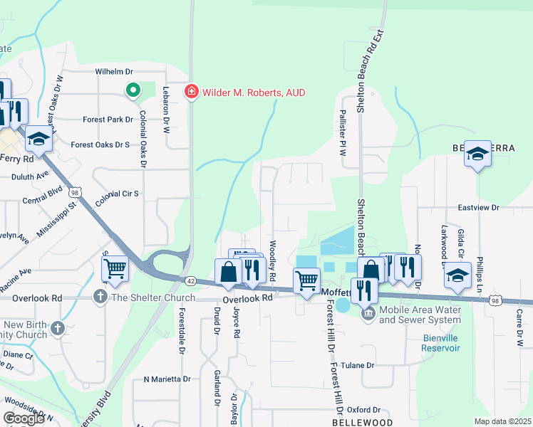 map of restaurants, bars, coffee shops, grocery stores, and more near 1671 Woodley Road in Mobile