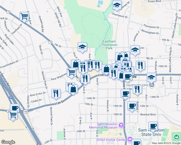 map of restaurants, bars, coffee shops, grocery stores, and more near 1530a 11th Street in Huntsville