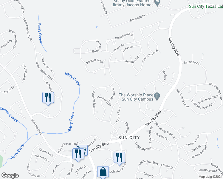 map of restaurants, bars, coffee shops, grocery stores, and more near 112 Lubbock Drive in Georgetown