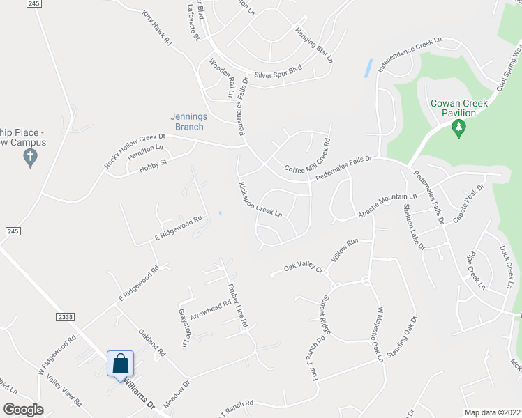 map of restaurants, bars, coffee shops, grocery stores, and more near Kickapoo Creek Lane in Georgetown