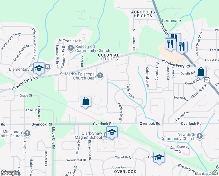 map of restaurants, bars, coffee shops, grocery stores, and more near 5908 Kings Troop Court in Mobile