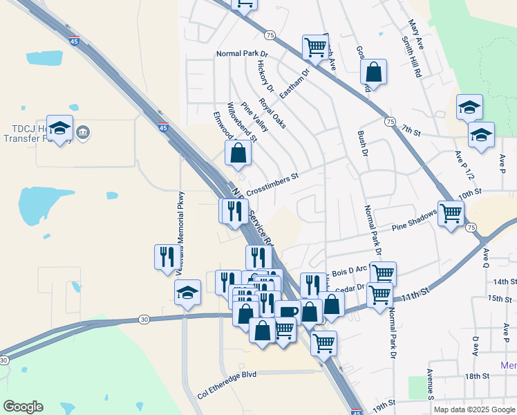 map of restaurants, bars, coffee shops, grocery stores, and more near 196 Interstate 45 in Huntsville