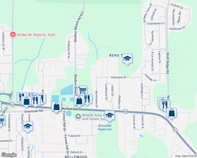 map of restaurants, bars, coffee shops, grocery stores, and more near 1700 Northview Drive in Mobile