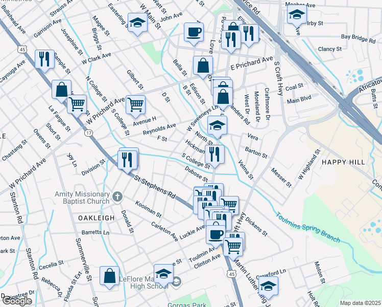 map of restaurants, bars, coffee shops, grocery stores, and more near 913 Ava Avenue in Prichard