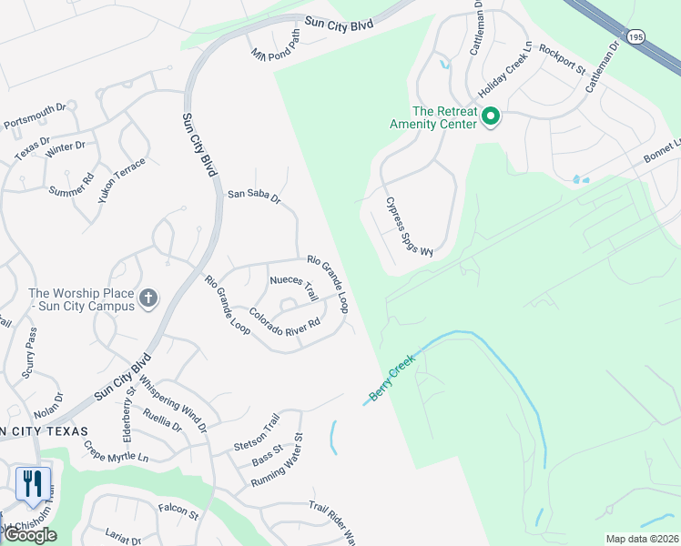 map of restaurants, bars, coffee shops, grocery stores, and more near 606 Rio Grande Loop in Georgetown